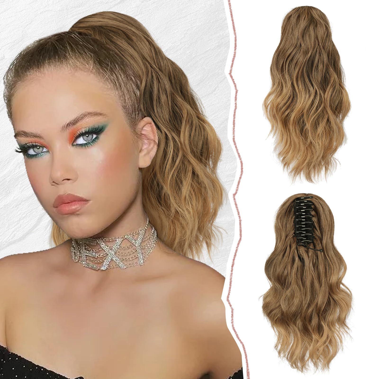 Sofeiyan 14'' Ponytail Extension Curly Clip in Claw Hair Extensions Natural Wavy Looking Synthetic Hairpiece for Women, Golden Brown to Ash Brown