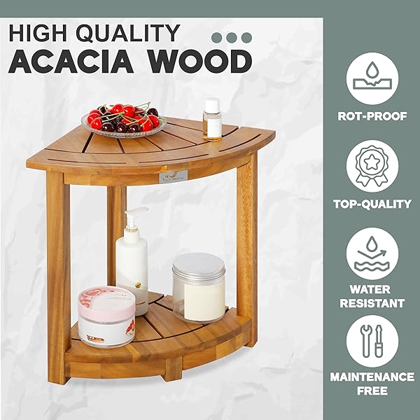 VICTORY RELAX ACACIA WOOD CORNER SHOWER SHELF FOR INSIDE SHOWER – WATERPROOF SHOWER BENCH & FOOT REST FOR SHAVING LEGS, SMALL BATHROOM SPA SEAT, NATURAL COLOR (17.9″)