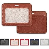 1 Pcs Leather ID Badge Holder - Horizontal, Brown, Multiple Card Slots for Offices, Staff, Students, Employees