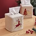 6-Pack Christmas Tree Linen Tissue Box Covers – Square Boho Embroidered Holiday Decor For Bathroom & Living Room