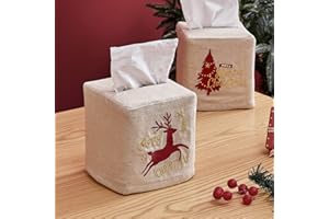 ATLINIA Christmas Linen Tissue Box Cover - Square Embroidered Gifts Boho Cube Holder for Bathroom Rectangle Cover Set Merry Xmas