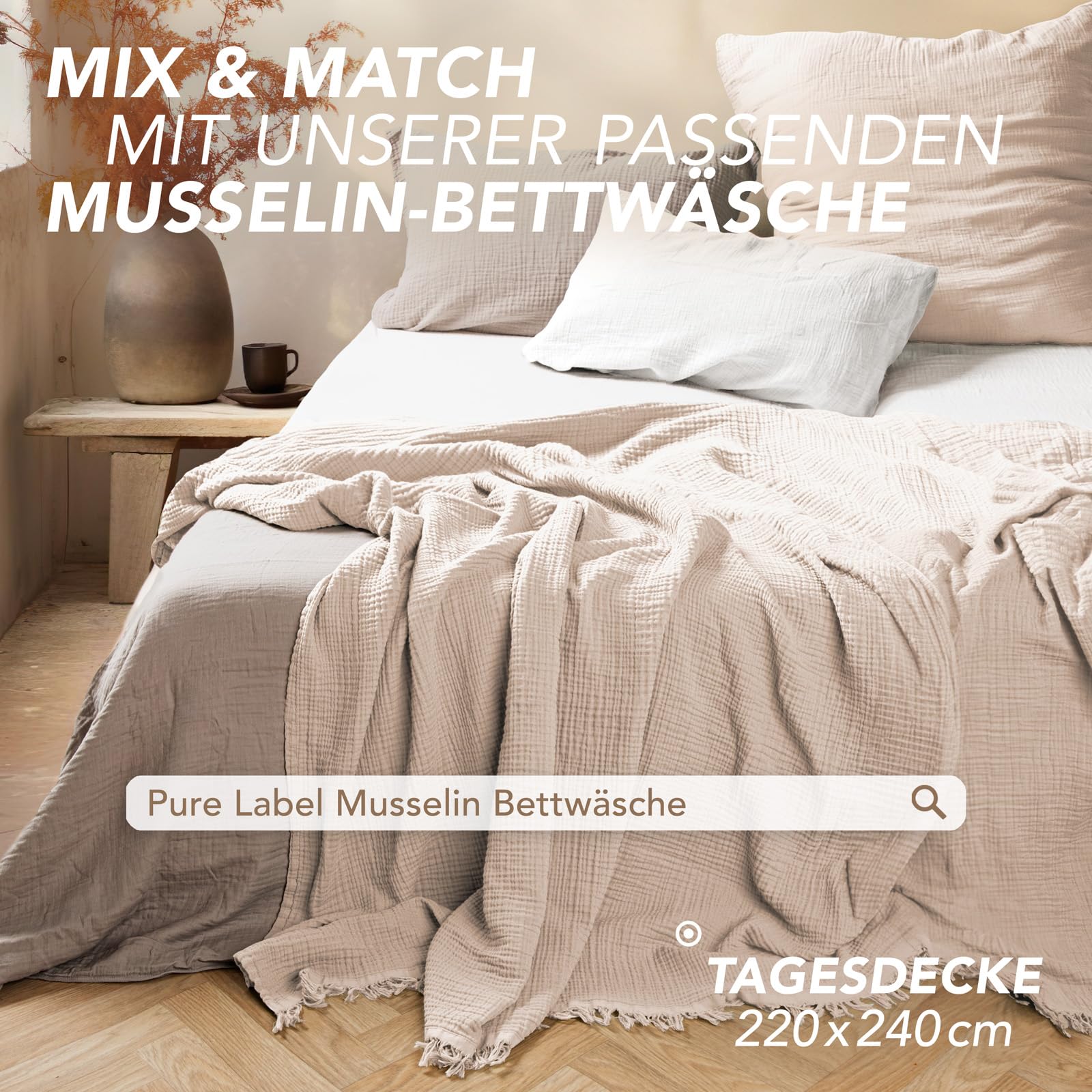 Pure Label Musselin Decke 220x240cm - Oeko-Tex zertifizierte Tagesdecke aus 100% Baumwolle | Musselin Wohn- & Kuscheldecke für Couch und Sofa in XXL | 220 x 240 cm, Farbe der Decke Beige 4