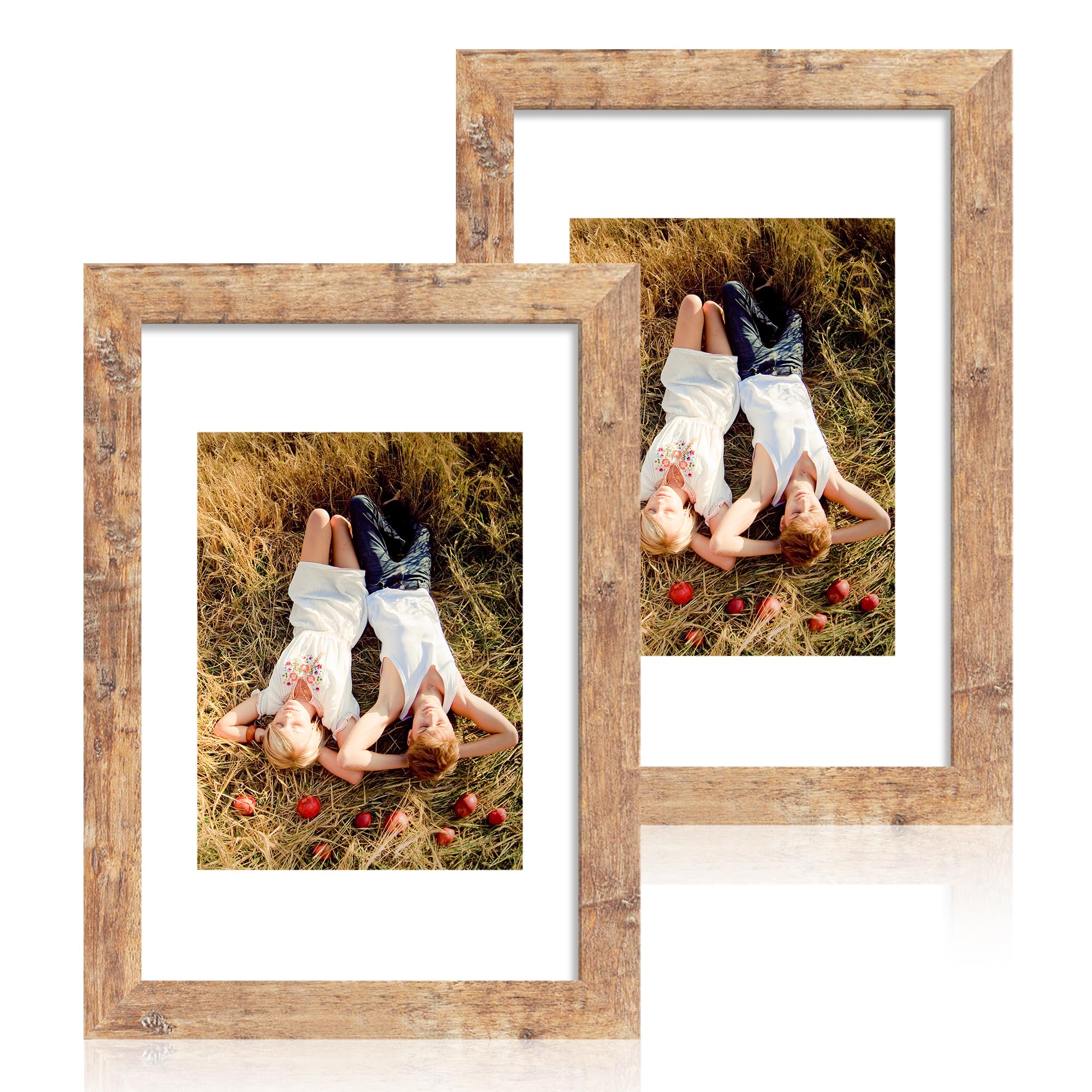 Photo 1 of iRahmen 8x12 Picture Frame Set of 2, Rustic Brown Wood Frame with High Definition Glass, Display Pictures 6x8 with Mat or 8 x 12 without Mat for Horizontal or Vertical Tabletop and Wall Mounting