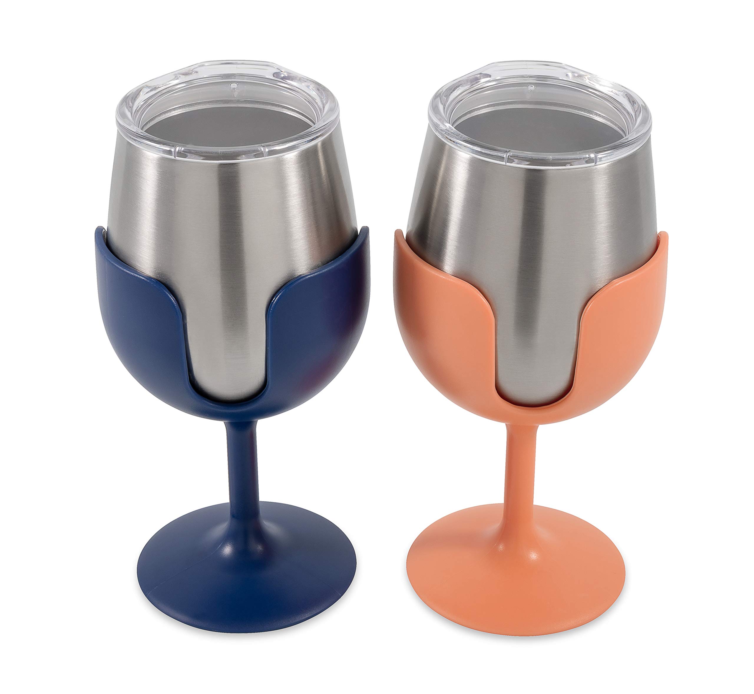 Camco Life is Better at The Campsite Wine Tumbler | Heavy Duty Double Wall Vacuum Insulation | Crafted of 18/8 Stainless Steel | Features Removable Navy & Peach Stems | 2-Pk, 8-oz/Each (51917)