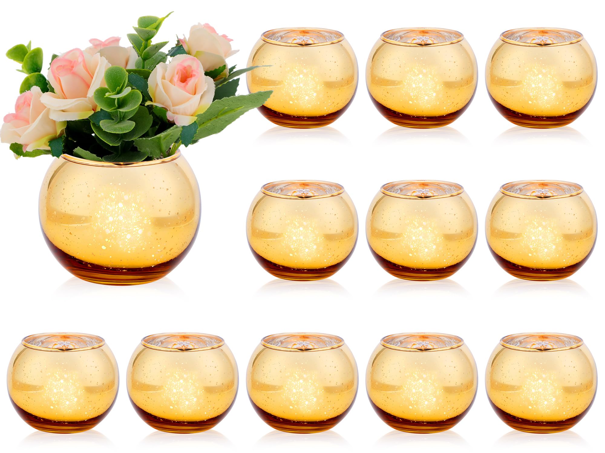 Photo 1 of Dandat 12 Pcs Round Flower Vase Centerpieces for Table, Small Gold Vases Tea Light Candle Holders Glass Vase Wedding Home Decor Votive Candle Engagement Party Decorations, 3.5 x 2.8 Inch