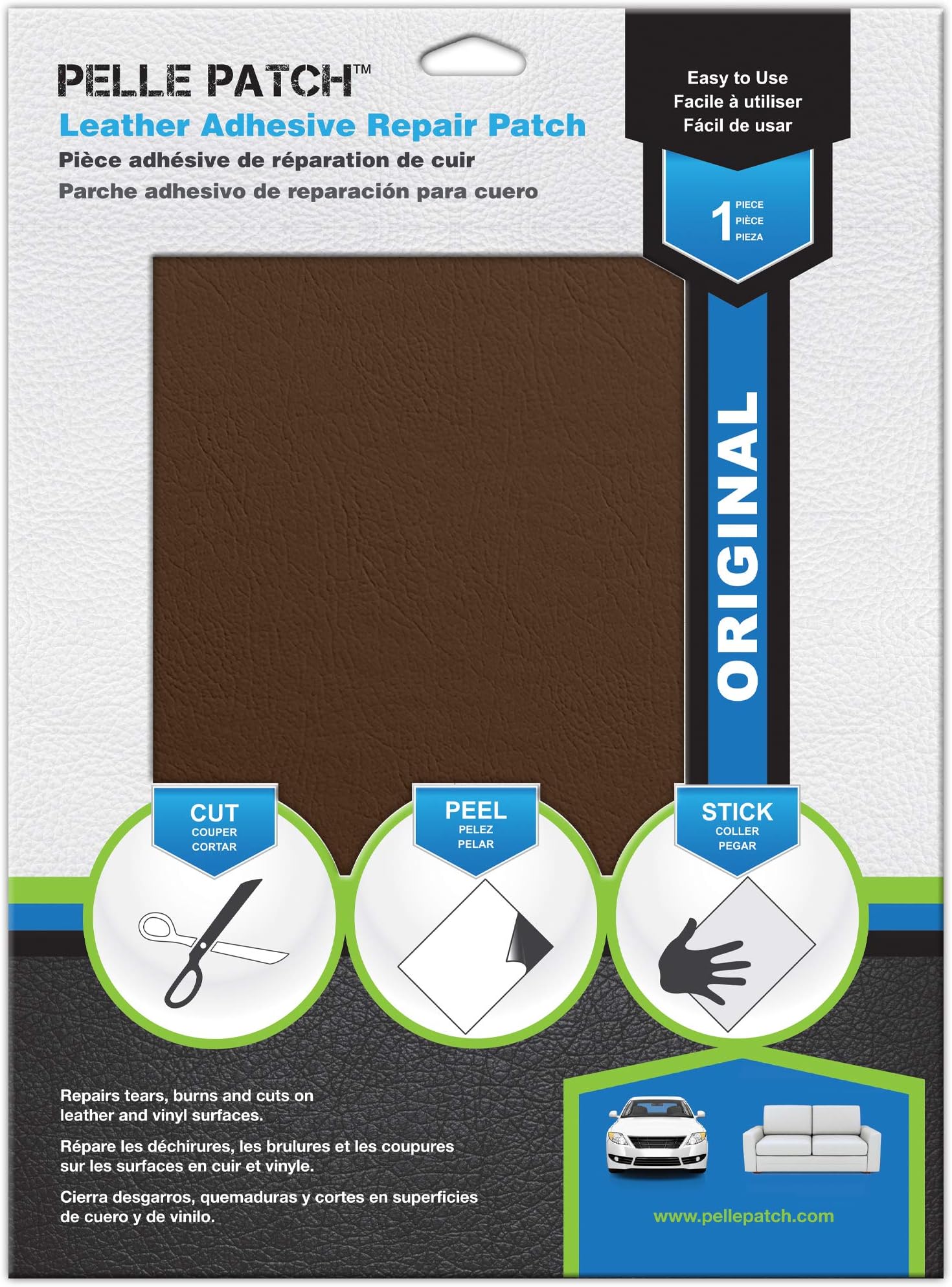 Pelle Patch - Leather & Vinyl Adhesive Repair Patch - 25 Colors Available - Original 8x11 - Medium Brown