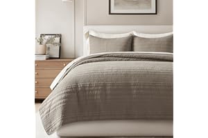 EVERGRACEHOME 100% Cotton Modern Lines Quilt Set King Size, Pre-Washed Soft Striped Coverlet Bedspread, 3 Piece Lightweight Bedding Set for All Season, with 2 Pillow Shams, Stone Taupe