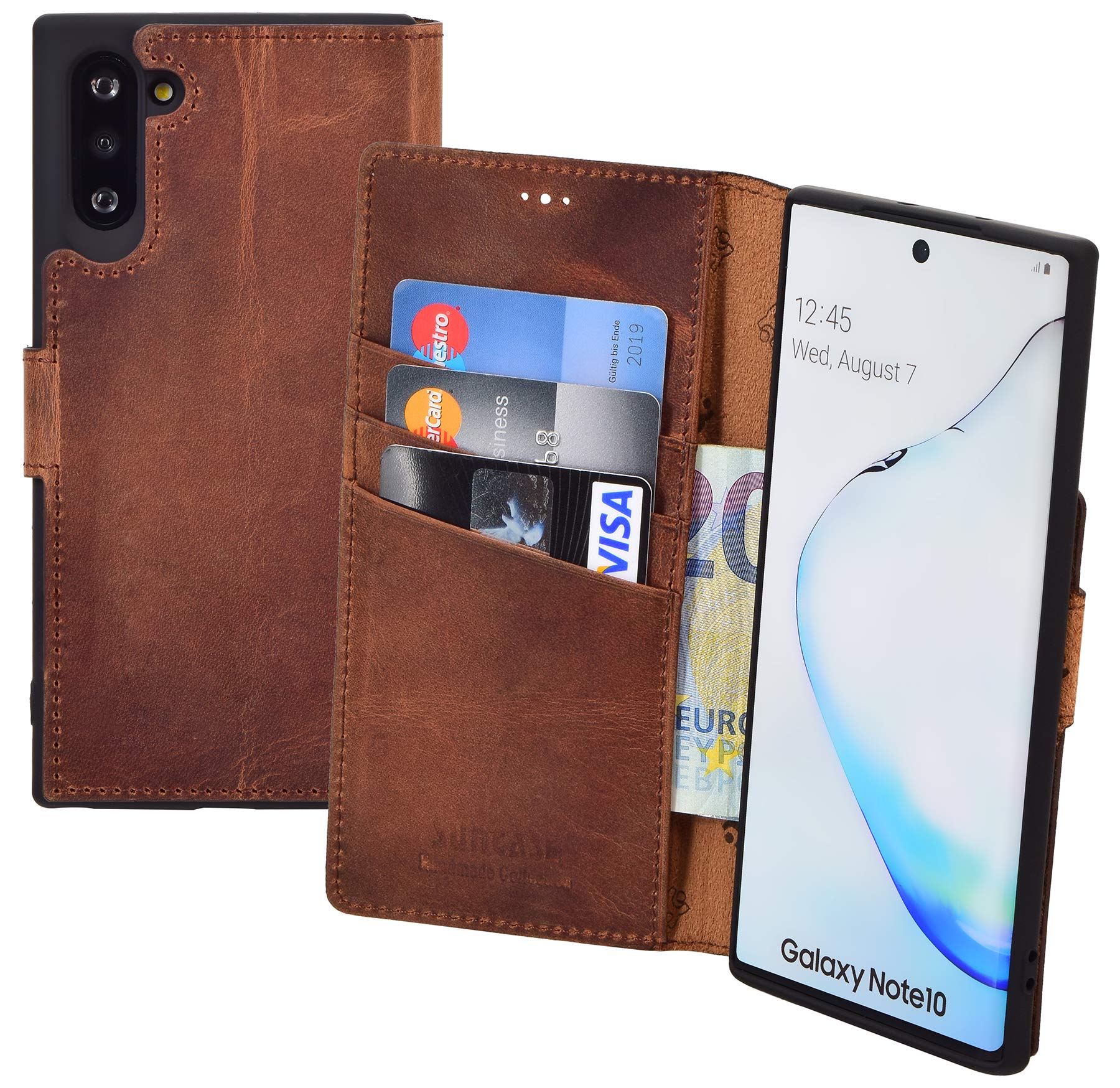 Suncase Book-style case compatible with Samsung Galaxy Note 10 leather case (slim fit) leather mobile phone case protective case with 3 card slots in antique coffee.