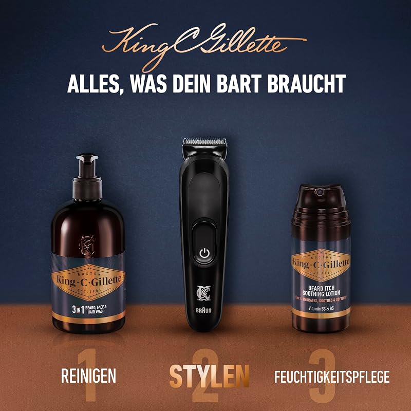 King C Gillette Barttrimmer Herren, Kabelloser Bartschneider, Trimmer für einen schnellen, Scharfen und effizienten Schnitt — Inkl. 1 Reinigungsbürste, 5 Kammaufsätzen und 1 Ladegerät — Schwarz