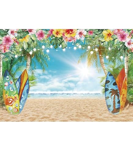 Loccor 6x4ft Fabric Cartoon Beach Backdrop Tropical Palm Tree Ocean Coastal Scenery Photography Background Beach Birthday Party Decorations Baby Children Portrait Photo Booth Shooting Studio Props