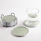 Hoomey Set of 6 Sage Green Coasters with Holder, Absorbent Ceramic Drink Coasters with Cork Backing for Table Protection, Table Decor, Housewarming Gifts