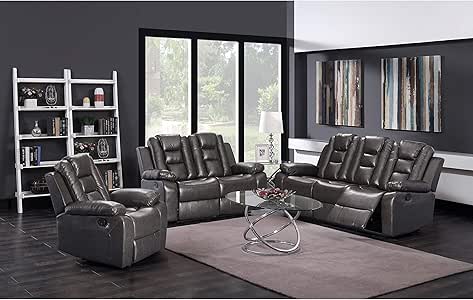 Amazon.com: Overstock 3Pc Grey Pu Leather Sofa Loveseat & Recliner Set: Kitchen & Dining