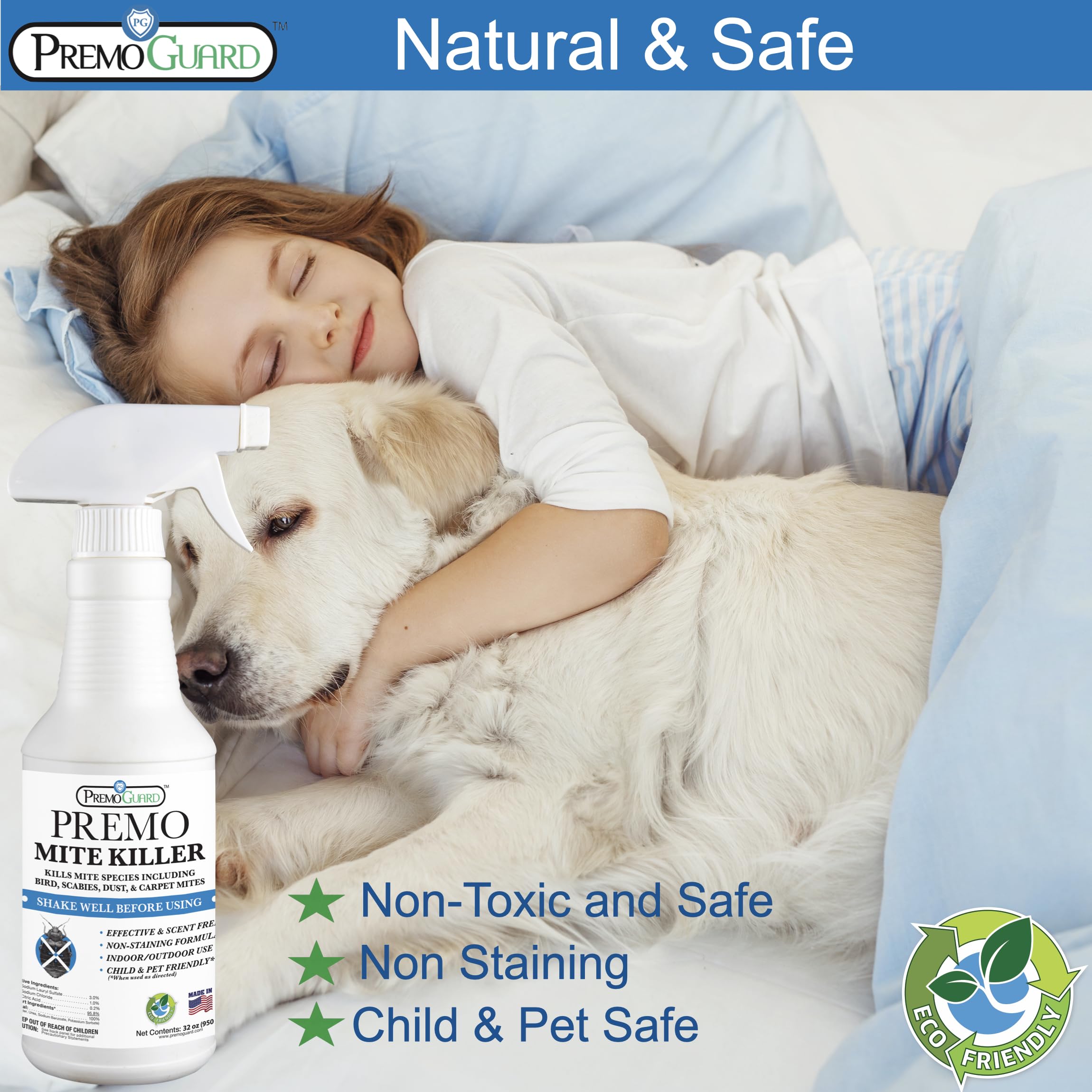 Premo Guard Mite Treatment Spray – 32 oz – Kills Dust, Scabies, Spider, Carpet, Bird, Mouse & Rat Mites in Home, on Furniture, Bedding – Natural Non-Toxic 100% Effective – Child & Pet Safe