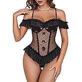 Avidlove Lingerie for Women V Neck One Piece Bodysuit Lace Ruffle Babydoll Off Shoulder Rave Outfits