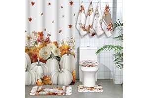 Honoson 8 Pcs Thanksgiving Shower Curtain Set Fall Bathroom Sets with Rugs and Kitchen Towels Autumn Harvest Pumpkins Maple Leaf Yellow Floral Watercolor Fabric with Hooks Housewarming Gifts Decor