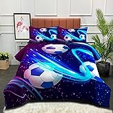 Peopleareok Soccer Comforter Set Twin (68x86 Inch), Purple Blue Soccer Theme Comforter, Sports Soccer Bedding, 2 Pieces Soft Microfiber Football Bedding Set for Boys Kids with 1 Pillowcases