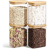 ComSaf 1.2 Qt Rectangle Glass Storage Containers with Lids, Glass Jars with Bamboo Lids, Clear Food Storage Jar, Sugar Coffee Containers, Pantry Container for Pasta Tea Candy Nut