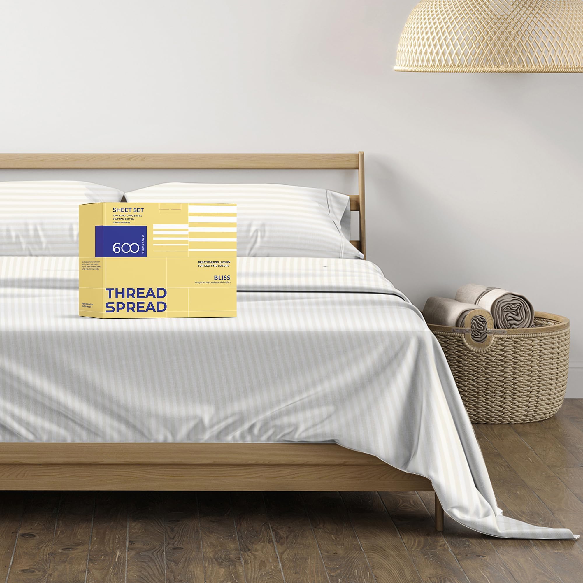 Photo 1 of THREAD SPREAD Luxury Egyptian Cotton California King Stripe Sheet Set, 600 Thread Count Extra Long Staple 4 PC Set, Cal King Stripe Sheets, Soft, Cooling Striped Sheets Upto 18" Deep Pocket - Ivory