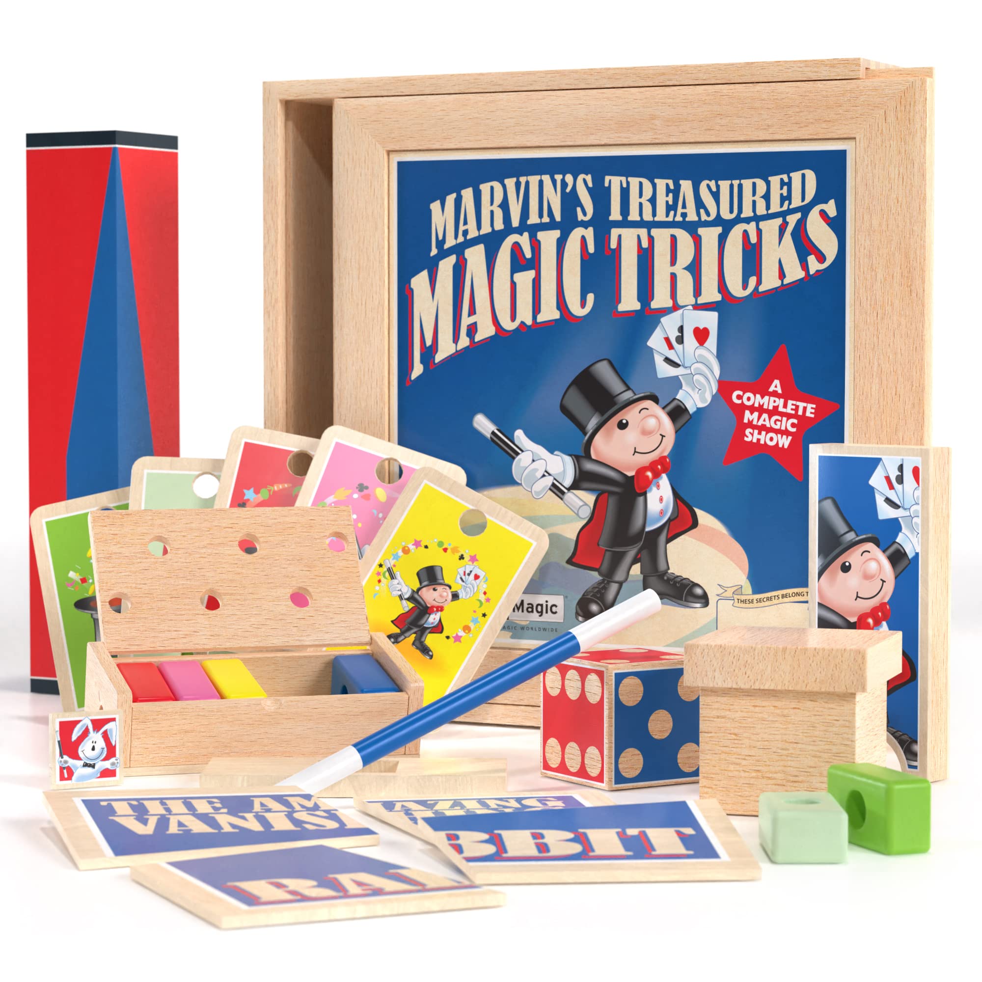 Marvin's Magic - Treasured Tricks Wooden illusion Set For Kids - Includes Escaping Coloured Blocks, Vanishing Rabbit Illusion, Amazing Magic Rising Cards & More