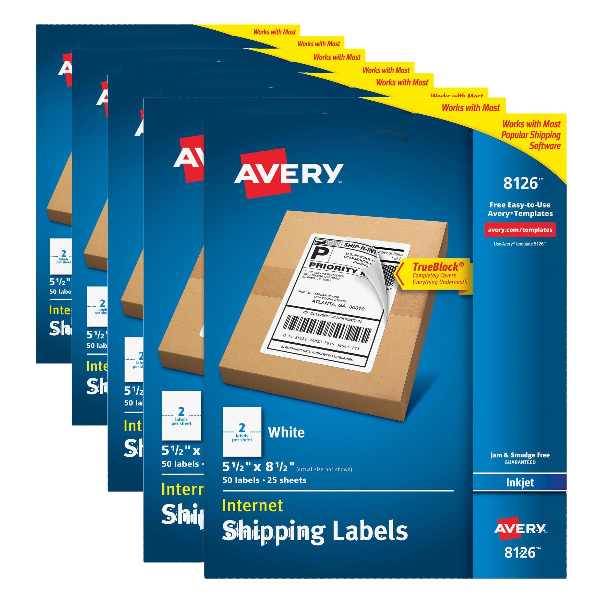 Avery Half-Sheet Printable Shipping Labels, 5.5" x 8.5" Customizable Stickers, White, 50 per Pack, 100 Blank Mailing Labels Total, Great for Mailing, Shipping, Organizing (Pack of 4) Image