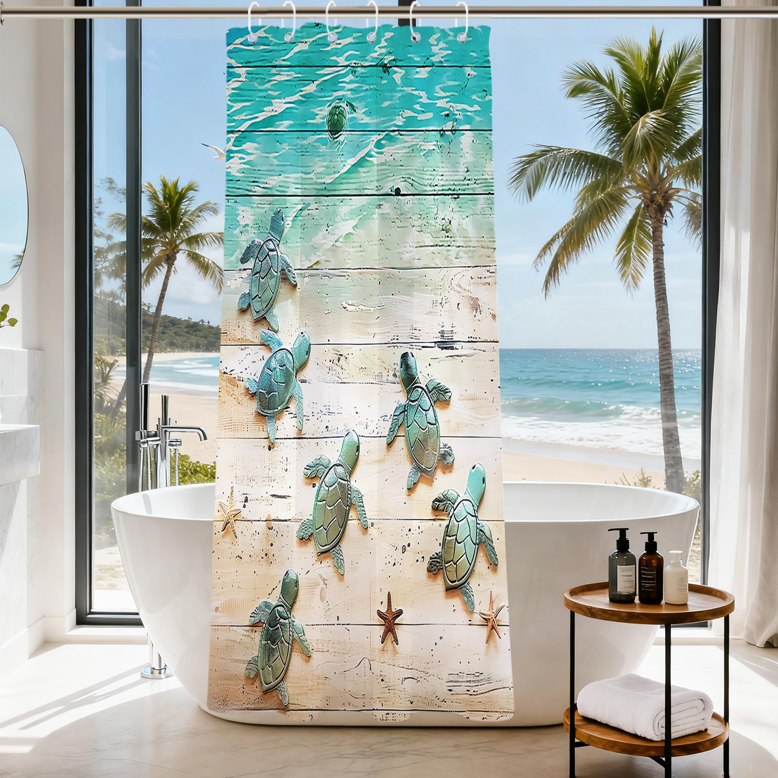 Photo 1 of Final Friday Green Beach Sea Turtle Shower Curtain Nautical Teal Theme Fabric Bathroom Blue Ocean Decor with Grommets and Hooks 36 x 72 Inch Blue