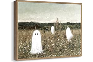 Pinetree Art Funny Wall Art for Bathroom, Cute Ghosts at Wildflower Meadow Framed Canvas Painting Prints - Vintage Spooky Wall Art for Bedroom Home Decor (8" x 10", K)