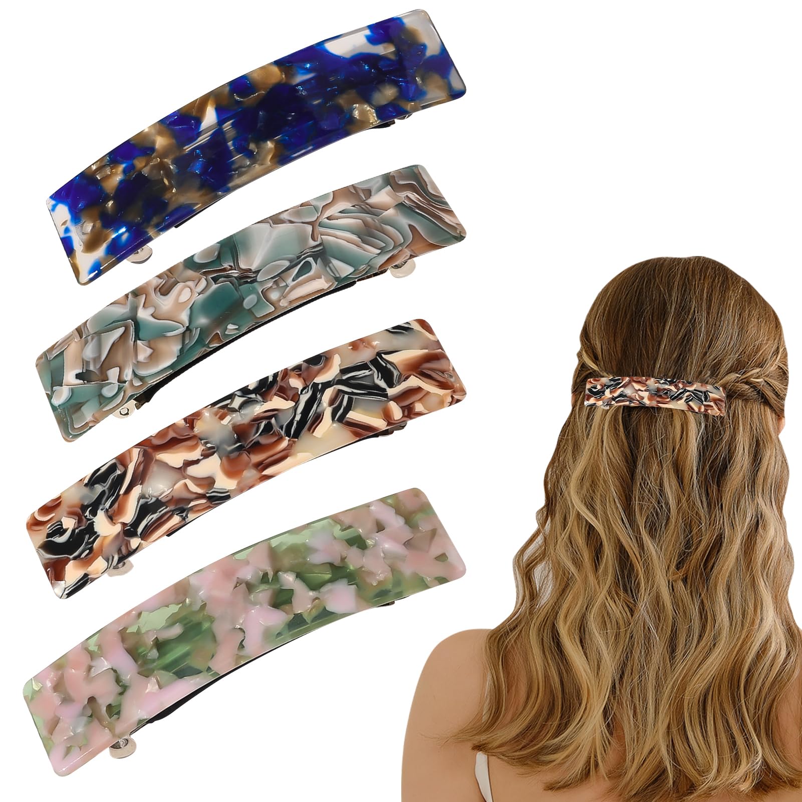 4Pcs Barrette Hair Clips For Thick Hair, French Design Hair Clips, Retro Automatic Hair Clip, Tortoise Shell Hair Slides, French Barrette Hair Clip, Hair Accessories For Women