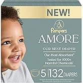 Pampers Amore, Size 5 (20-37 lbs), 132 Count, Our Best Diaper – Hypoallergenic & Fragrance Free, Up to 100% Leakproof, Soft a