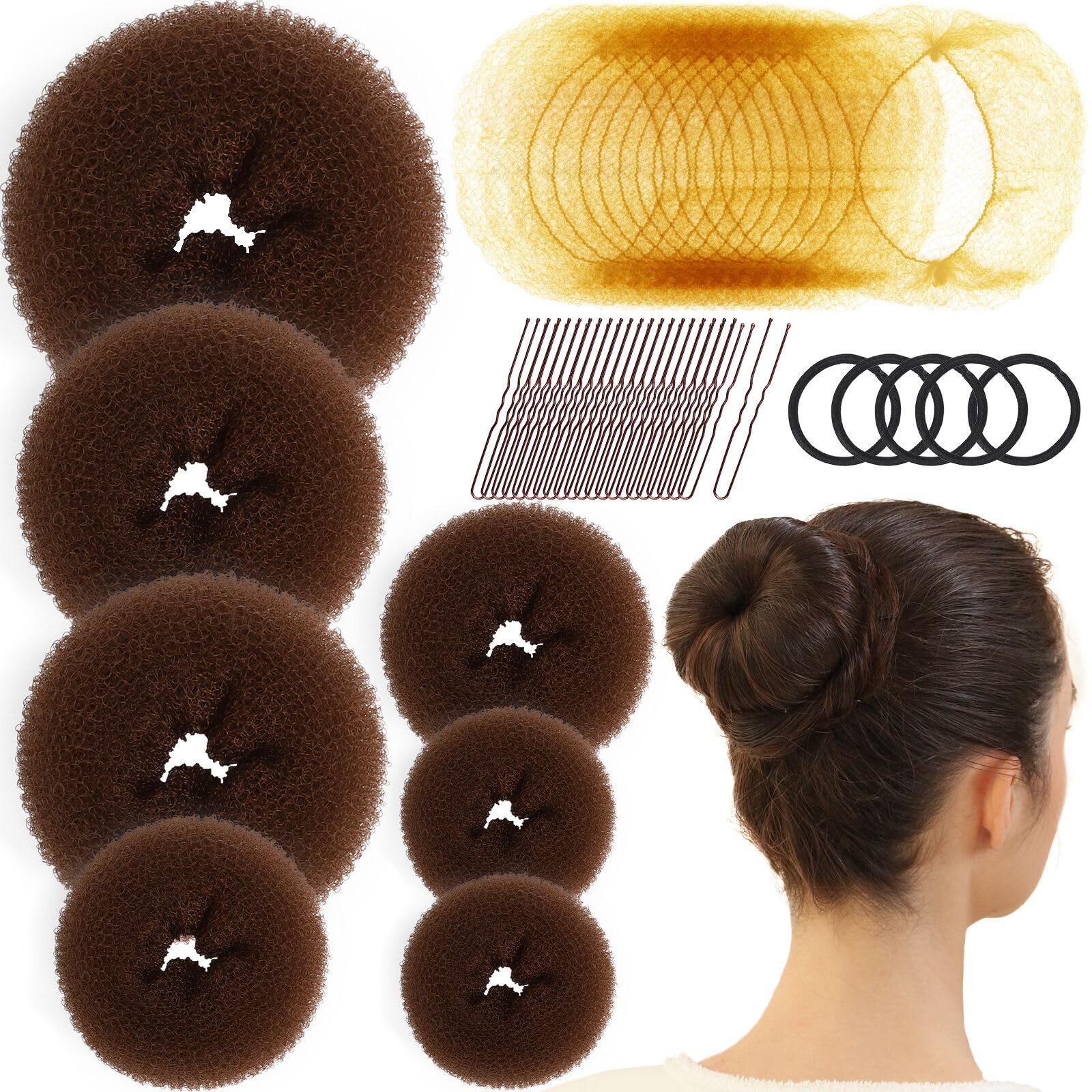 Photo 1 of Fandamei Hair Bun Maker Set- 7 PCS Hair Donuts for Buns (1 Extra-large,2 Large,2 Medium and 2 Small), 10 Invisible Hair Nets for Buns, 20 PCS Bobby Pins, 5 PCS Hair Elastic Ties Black,Bun Maker