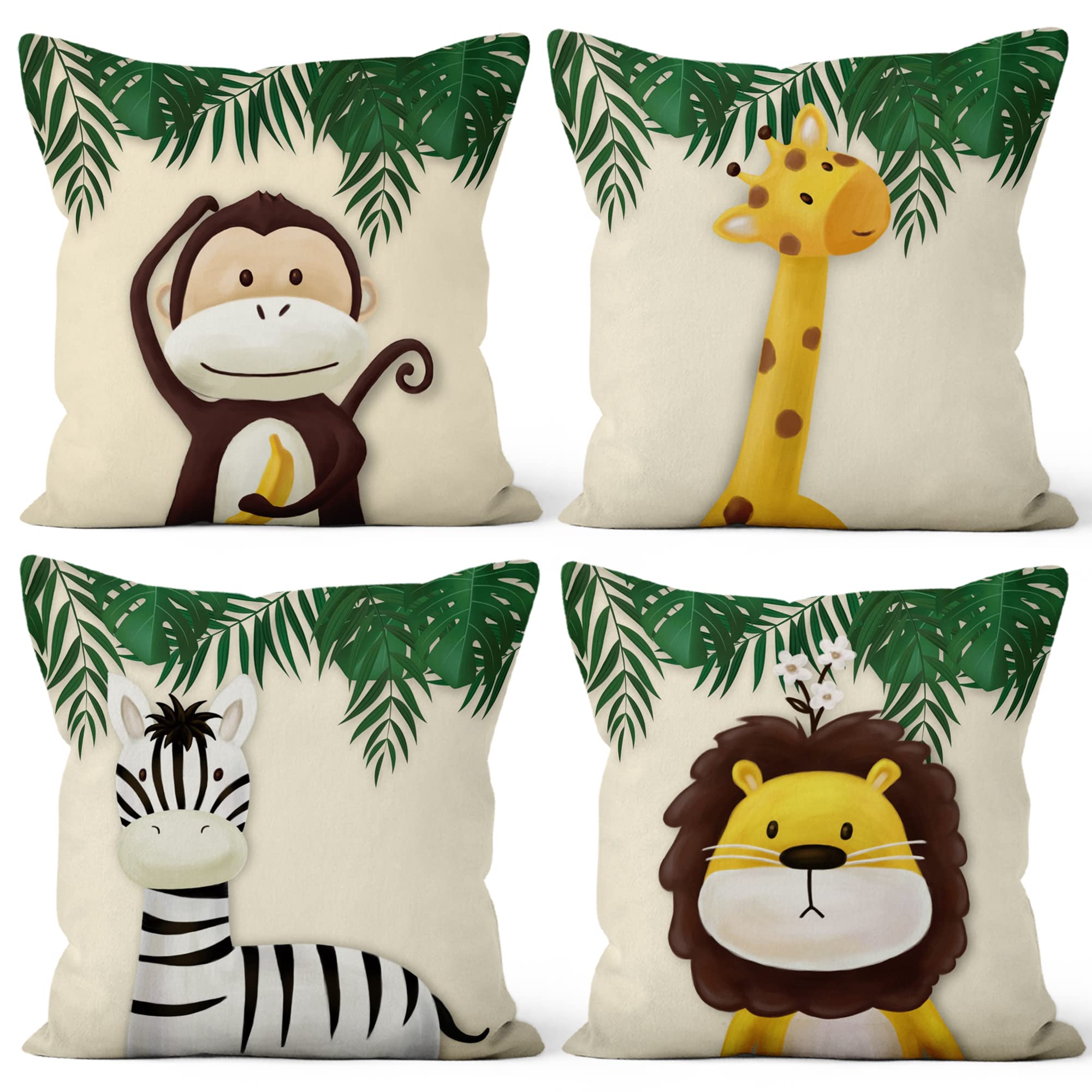 Aoihrraan 26 x 26 Inch Cute Cartoon Animal Cushion Covers Forest Monkey Giraffe Floral Plant Beige Soft Short Plush Square Baby Throw Pillow Cover Children'S Party Kid Sofa Bed Car, 65x65cm Set of 4