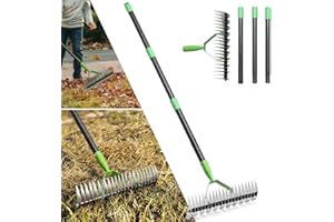UIABOPZ Thatch Rake, 13" Wide Efficient Dethatcher Rake with 55" Adjustable Long Handle, Heavy Duty Steel Metal Dethatching Rakes for Cleaning Dead Grass, Loosening Soil, Lawn Care in Yard Garden