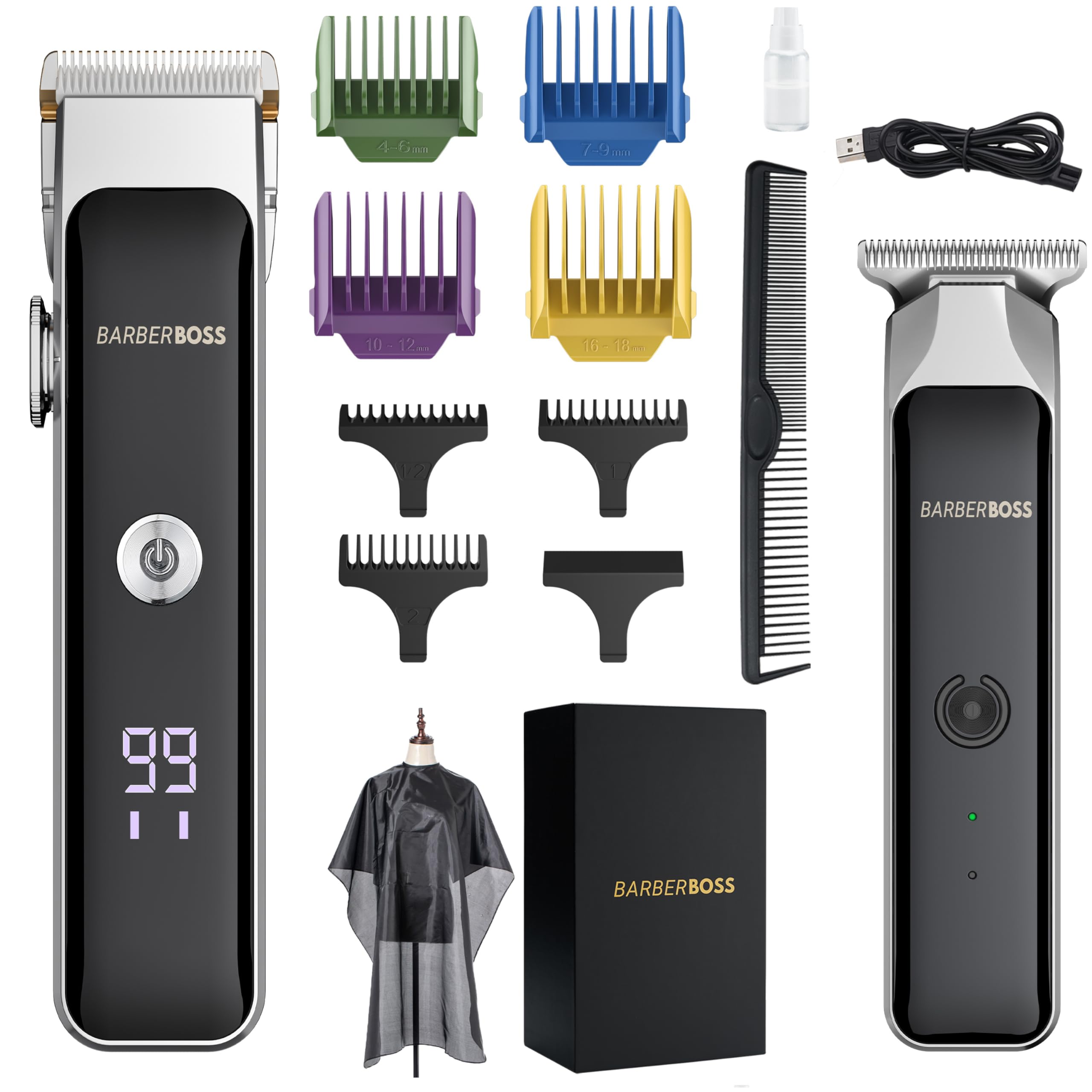 BarberBoss Professional Mens Hair Clippers, Portable Beard Trimmer, Facial Groomer, Cordless Clippers for Men's Haircut