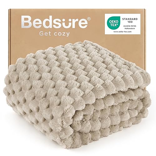 Bedsure Throw Blanket for Sofa - Cozy Soft Throw Blankets for Couch, Cute Fluffy Warm Jacquard Fleece Gifts for Women and Girls, Home Room Decor, Beige, 127x152 cm