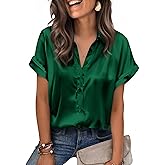 Zeagoo Womens Satin Blouse Short Sleeve Silk Tops Button Down Shirts Business Casual Outfits