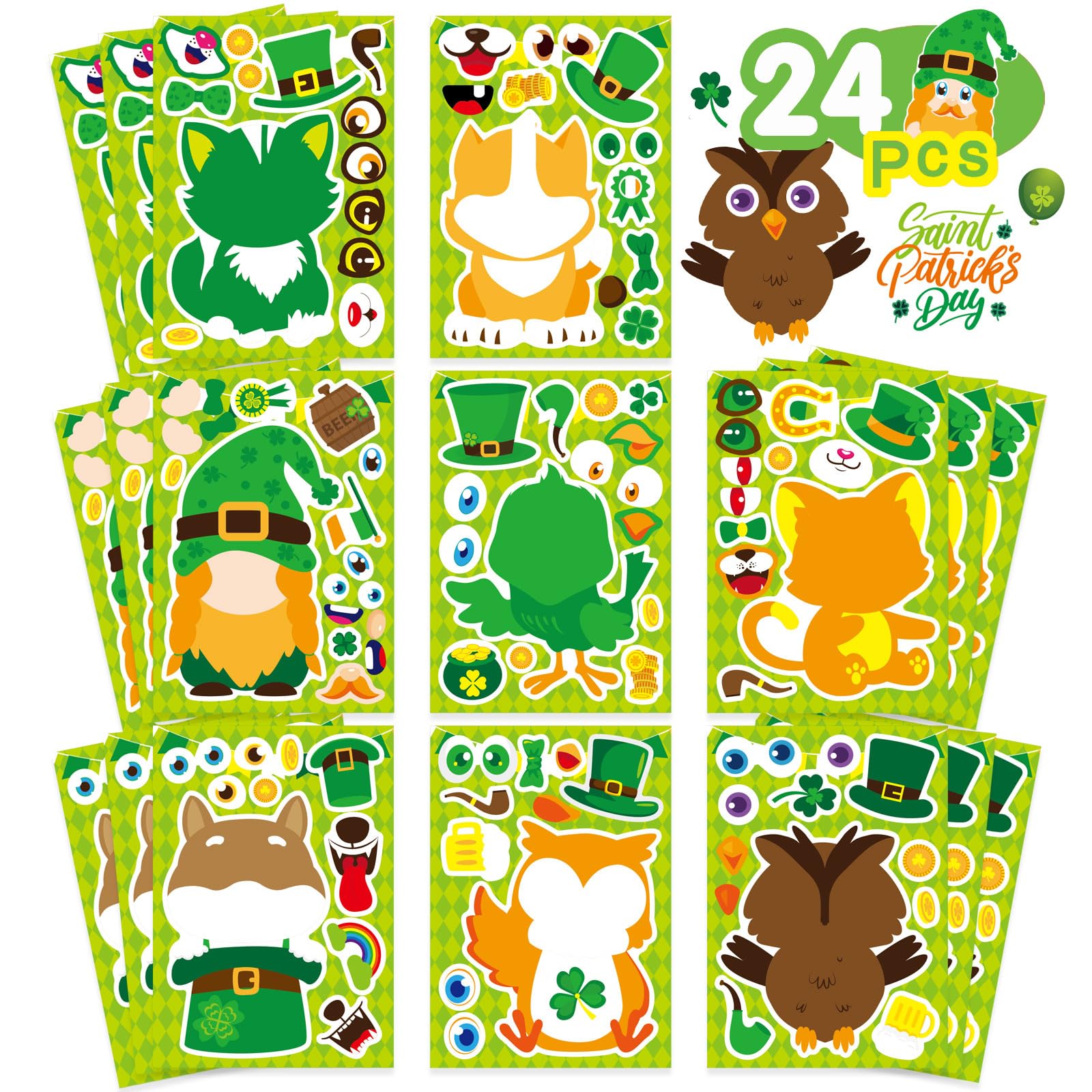 24 Sheets St Patrick's Day Stickers Mix and Match Make a Face Animal Stickers St Patrick's Day Party Favor Supplies, Art and Craft