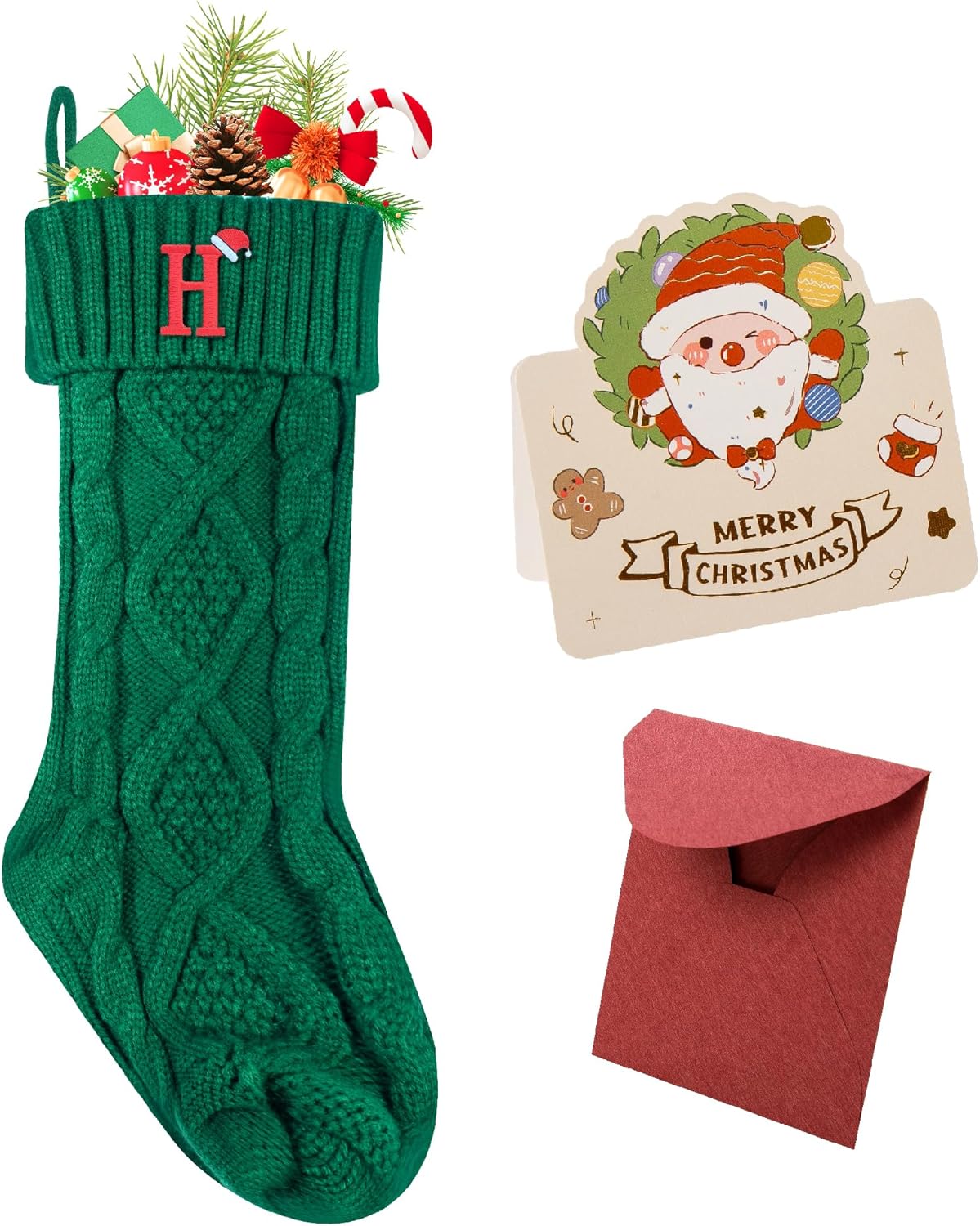 Stockings & Holders - Ulico Christmas Stockings with Initials, 18’’ Large Embroidered Monogram Knit Christmas Stocking,Xmas Stocking for Kids, Holiday and Family Stocking for Fireplace or Party Decoration Green Letter H