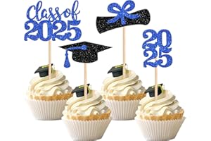 ZHUOWEISM 36 PCS 2025 Graduation Theme Cupcake Toppers Glitter Class of 2025 Graduation Cap Diploma Cupcake Picks 2025 Graduation Theme Party Cake Decorations Supplies Deep Blue