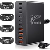 Roruite USB C Charging Station 10 Port with 4 Cables,245W GaN Charger Block | Type C Wall Charger Power Strip Adapter Plug for iPad iPhone17 16 15 14 13 12 Pro Max Pixel Note Galaxy Black