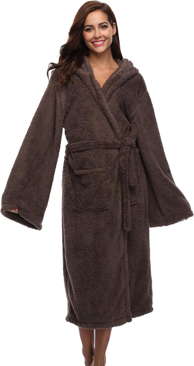 VIKEY Long Hooded Bathrobe for Women's Plush Coral Velvet Robe Soft Pajamas Shower Nightgown