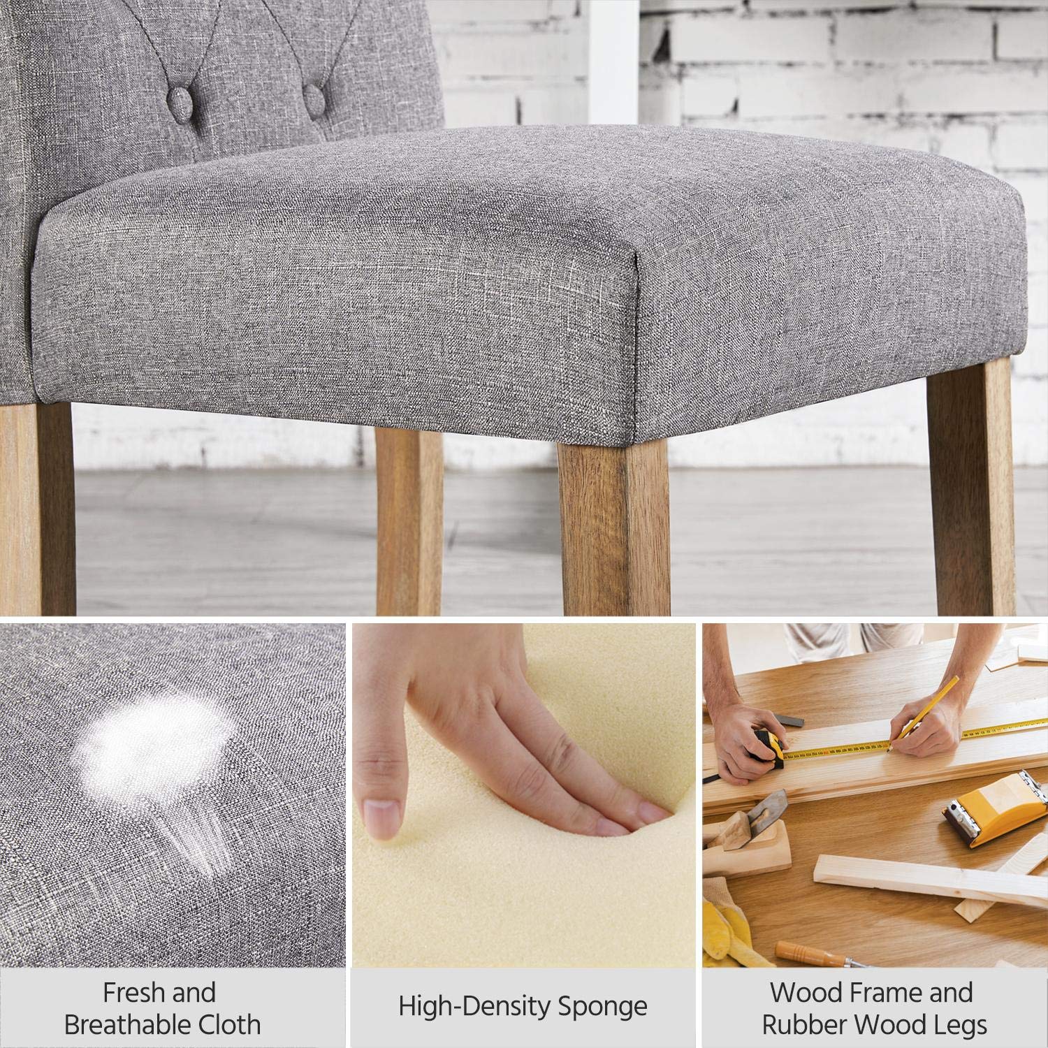 Yaheetech Dining Chairs Button Tufted Parsons Diner Chair Solid Wood Upholstered Fabric High Back Padded Dining Room Chairs Home Kitchen Chairs Set of 2 Gray