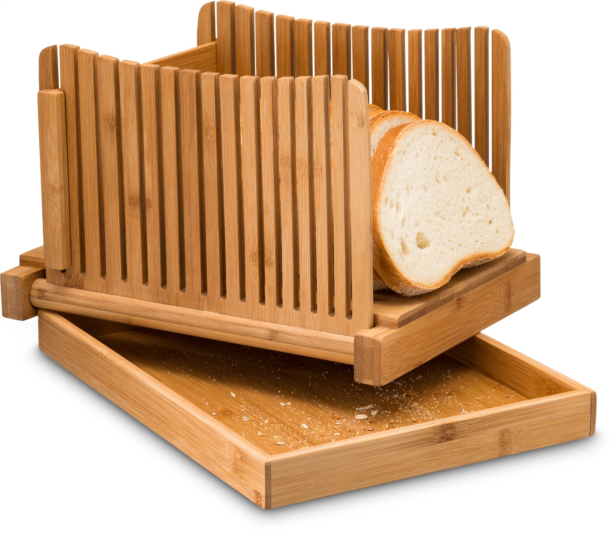 Bamboo Foldable Bread Slicer with Crumb Catcher Tray for Cutting Even