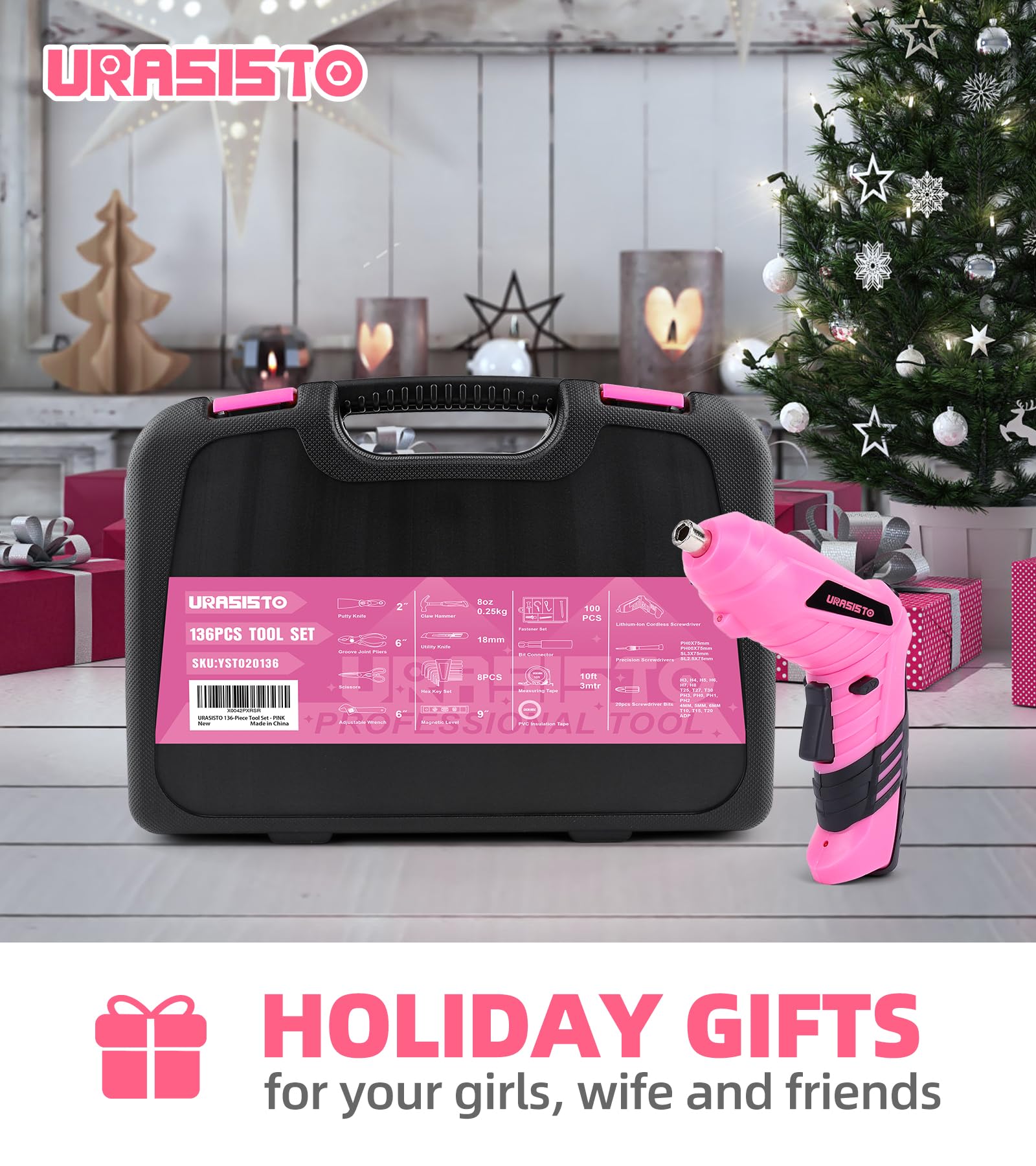 Pink Household Tool Set with 3.6V USB Electric Screwdriver, 136 PCS Home Tool Kit with Cordless Lithium-ion Drill Driver, Hand Tool Kits for Women
