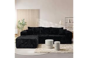 SIMTONAL Cloud Sectional Couch with L-Shape Chaise,Modern Modular Sofa with Deep Seat, Upholstered Couches with Left Facing Chaise for Living Room Bedroom, No Assembly Required, Black (Plush Corduroy Fabric)