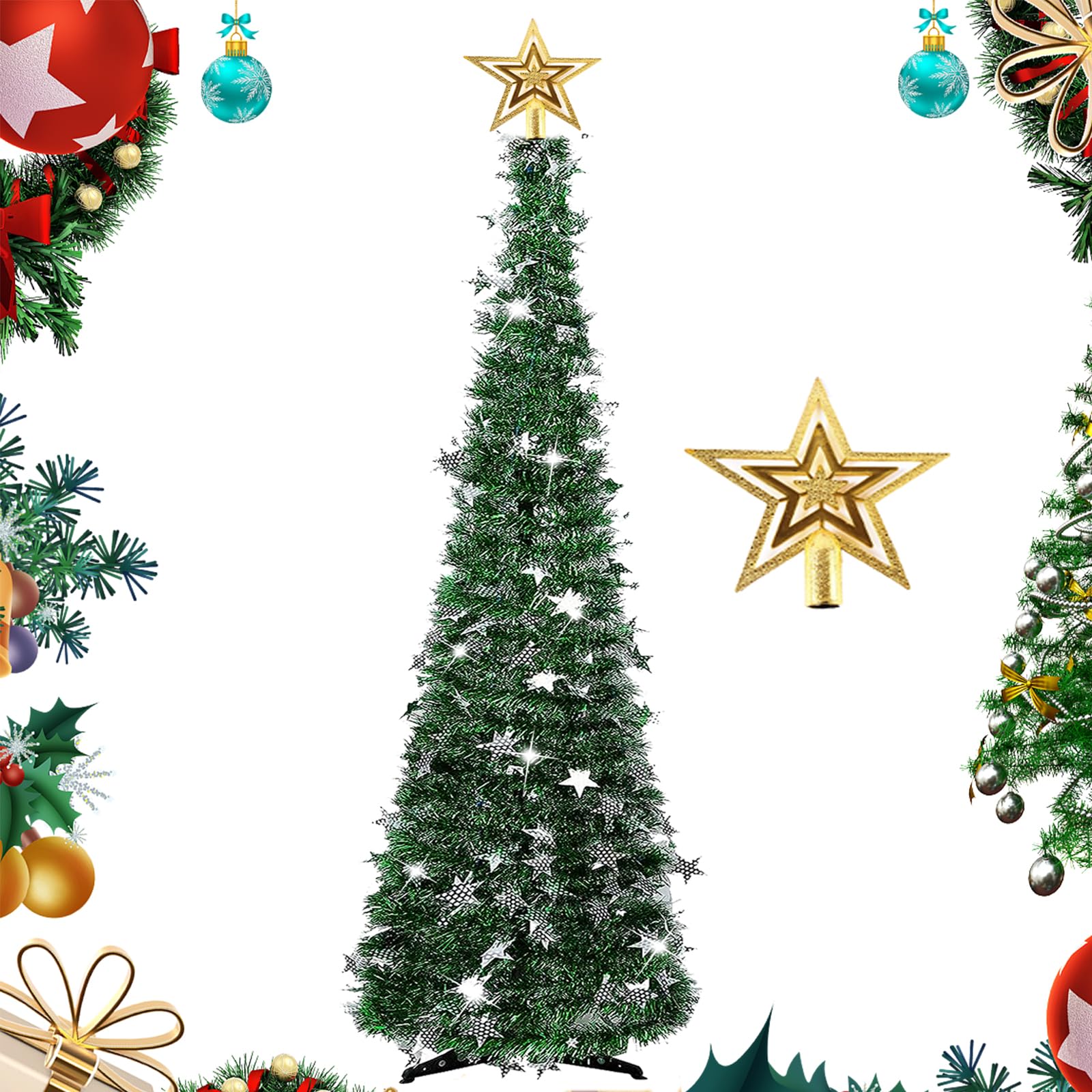 5 FT Collapsible Artificial Christmas Tree, Pop Up Pencil Christmas Tree Slim Xmas Tree with Tree Top Star and Sturdy Stand, Decorated Holiday Christmas Tree for Home, Fireplace, Office, Shop, Hotel