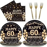 96PCS 60th Birthday Party Plates Set Black and Gold Theme Decorations Include Black Gold Plates and Napkins Forks for 60 Year Old Men Women Birthday Party Supplies Serves 24 Guests