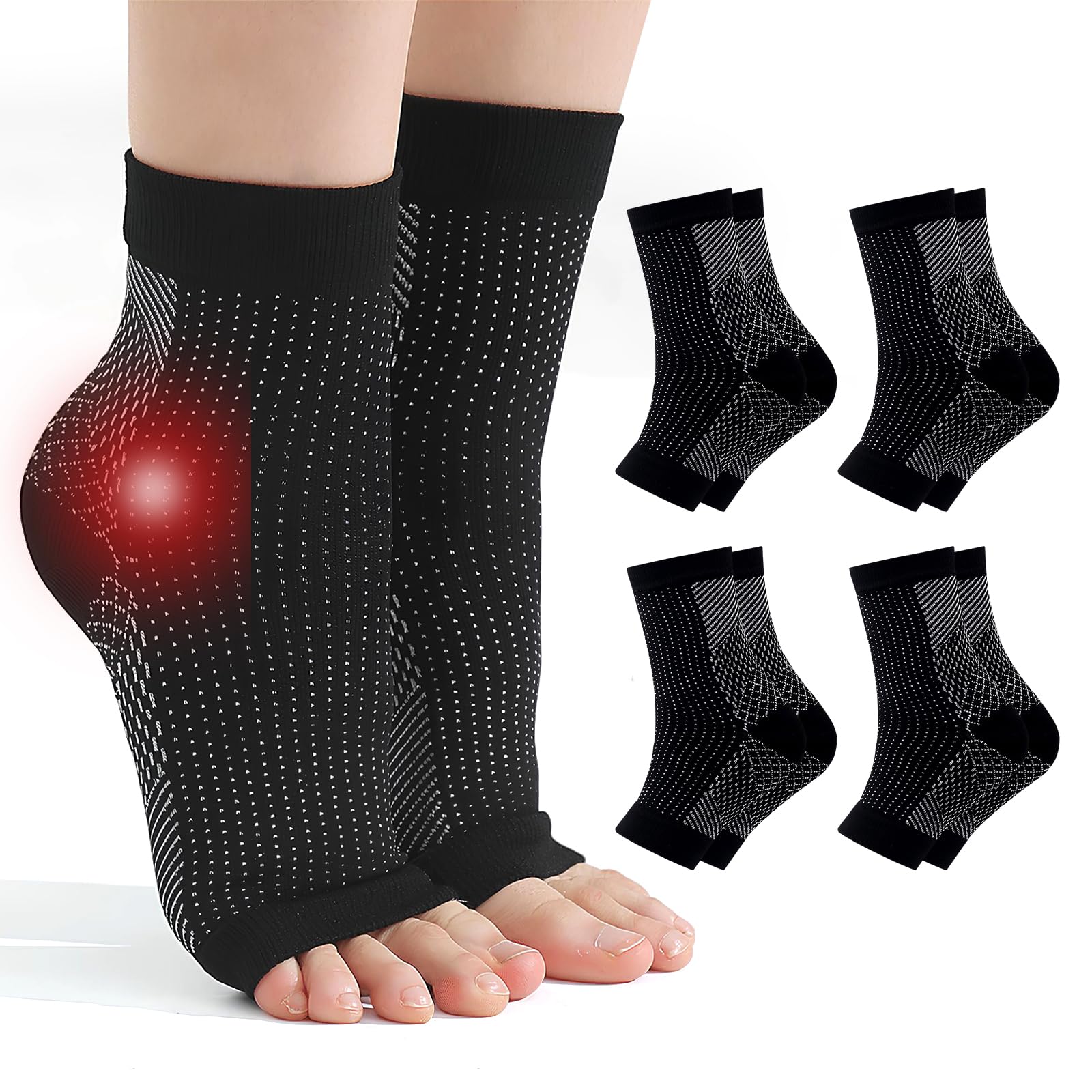 Fantasyon 4 Pairs Plantar Fasciitis Socks, Neuropathy Socks Compression Socks Neuro Socks for Women Men Ankle Support for Sprained Ankle for Sport Arthritis Pain Relief-Black,L/XL