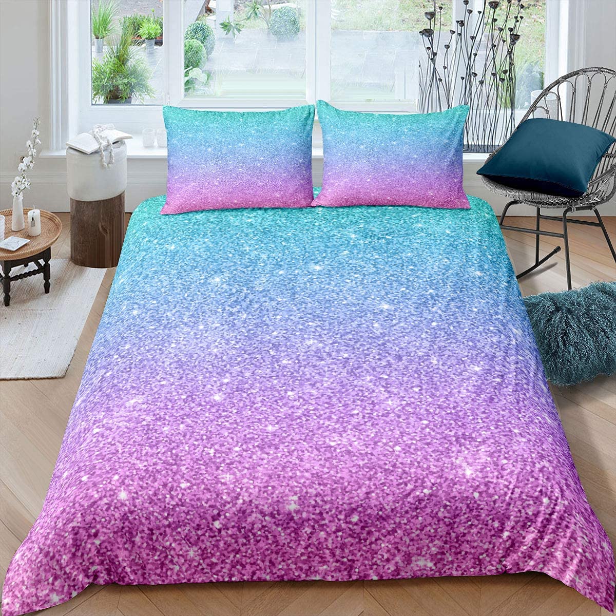Homemissing Colorful Glitter Bedding Girly Turquoise Teal Blue Pink Pastel Colors Duvet Cover 3 Pcs Trendy Bed Spreads Girls Comforter Cover with Sparkle Sequin Bling King Size