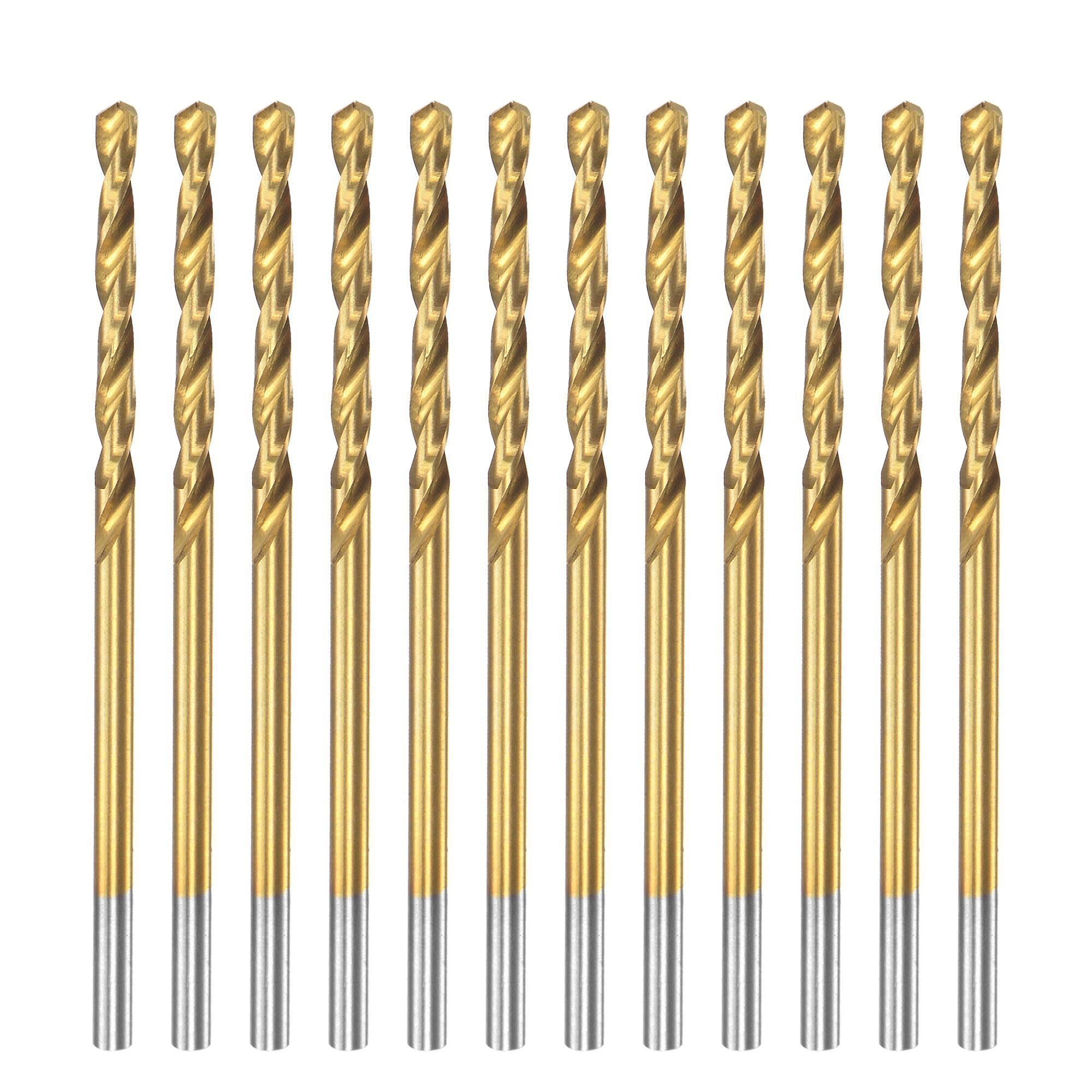 sourcing map High Speed Steel Straight Shank Twist Drill Bit Fully Ground Titanium Coated 1.9mm Drill Diameter 46mm Total Length 21mm Drill Bit Length 12 Pcs