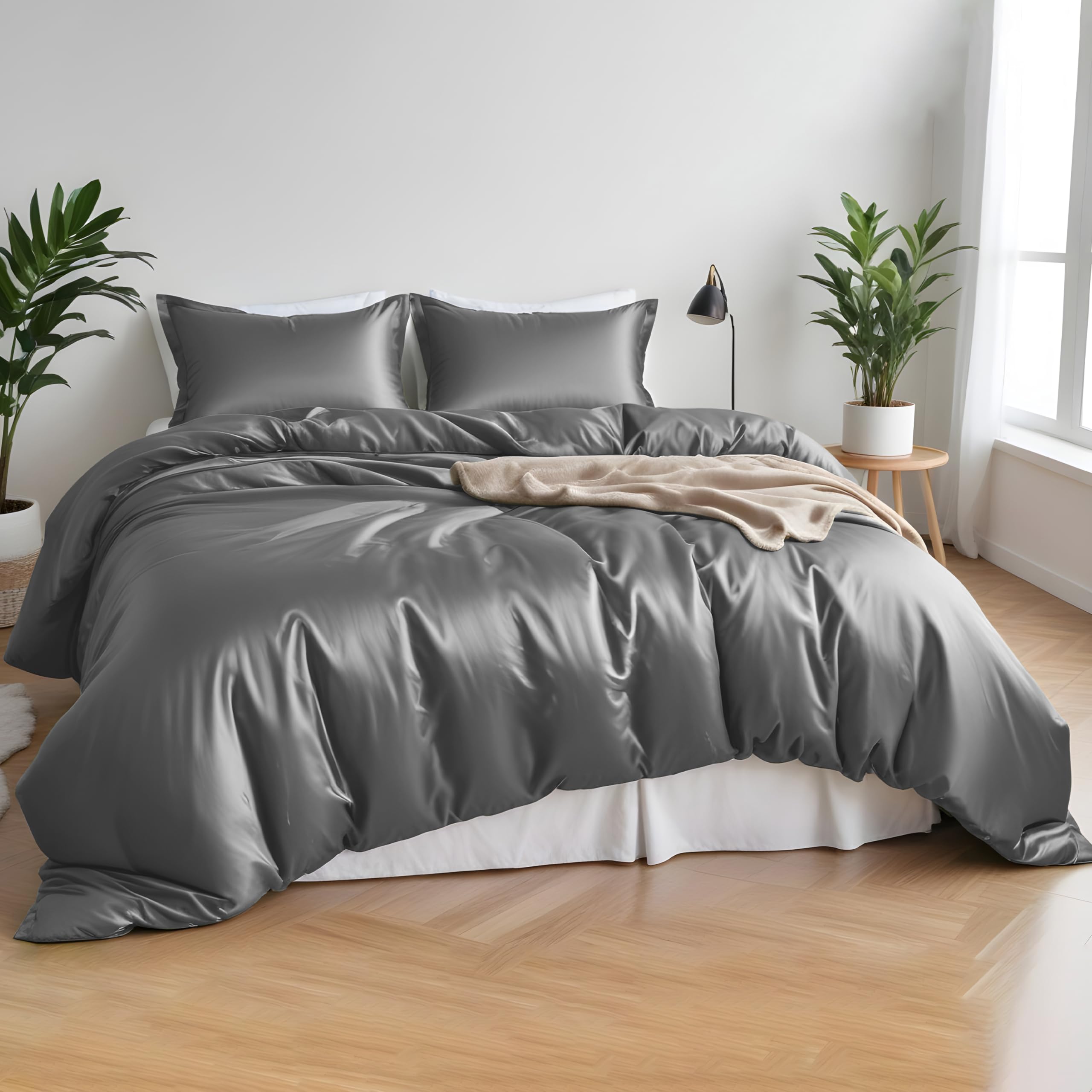 LINENWALAS Premium Organic Bamboo Duvet Sheet Set 4PC Set with Bamboo Duvet Cover, Fitted Sheet & Pillowcase - Softest, Cooling & Perfect for Skincare (Double, Light Grey) — image 1