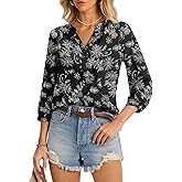 LOMON Womens Tops Dressy 3/4 Length Sleeve Henley V Neck Button Down Shirts Pleated Blouses S-XXL